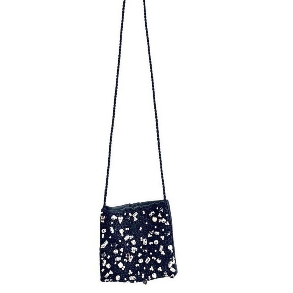 Small Bag Purse Crossbody Beaded Black White Boho